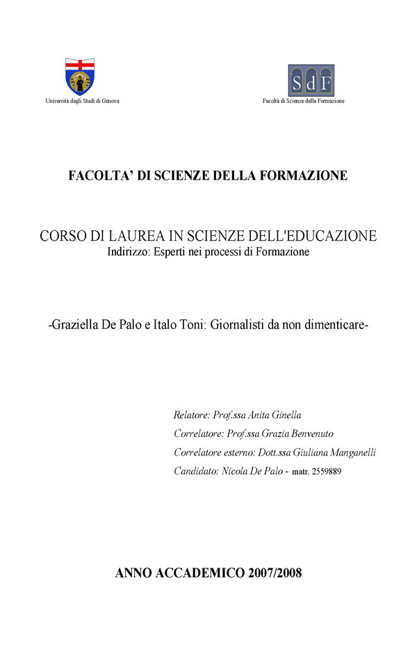 Frontespizio tesi sul caso Toni De Palo